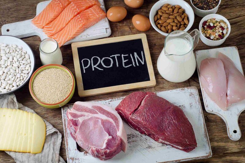 Protein written on a chalk board surrounded by protein foods.