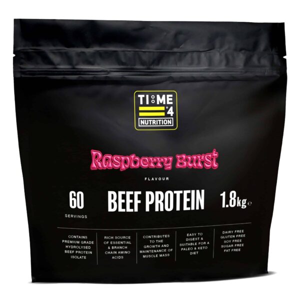 Time4Nutrition's Beef Protein Isolate Powder in raspberry burst flavour.