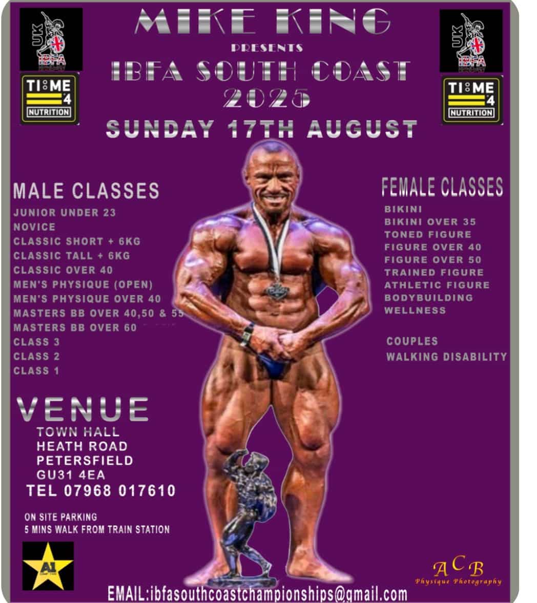 test Time 4 Nutrition are proud to sponsor the IBFA SOUTH COAST Sunday 17th August 2025