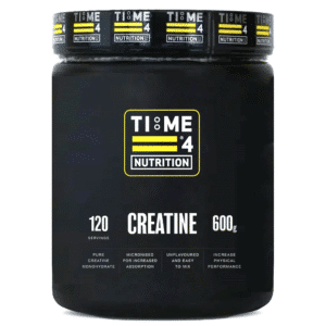 A 600g tub of creatine monohydrate powder by Time4Nutrition.